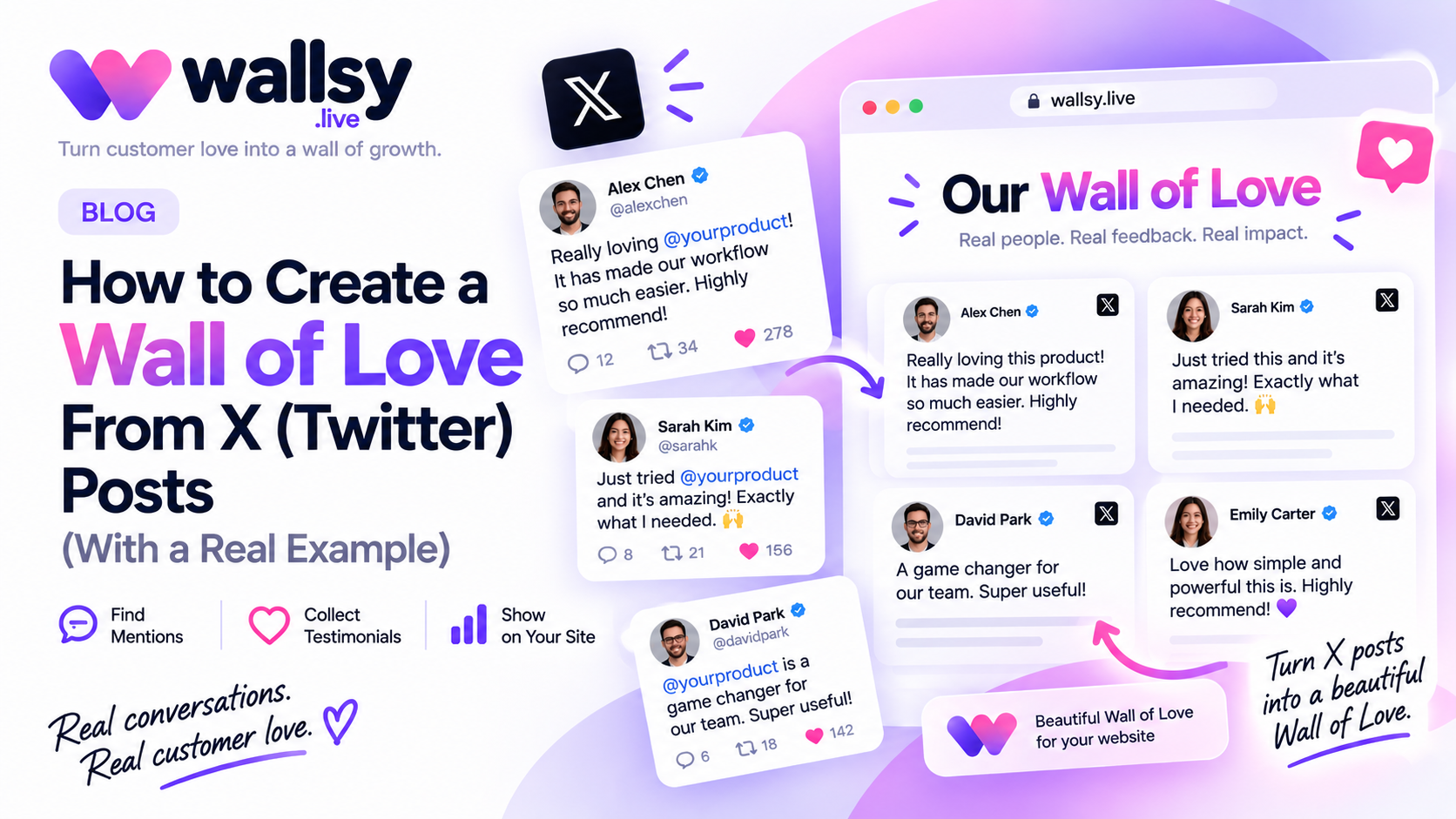 The Jev Wall of Love on Wallsy: cards of X (twitter) posts with author photos, images, likes and replies