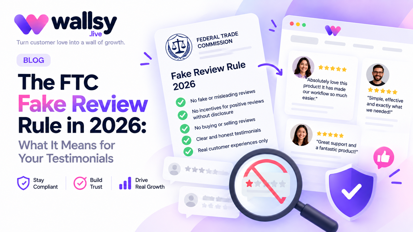 Checklist graphic: what the FTC fake review rule allows and bans for testimonials